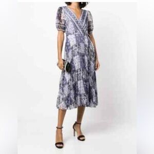 Marchesa Blue and White Floral Chiffon Patchwork Maxi Dress